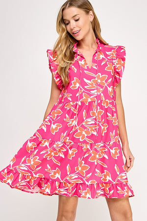 Floral Print Tiered Ruffle Dress-Fuchsia