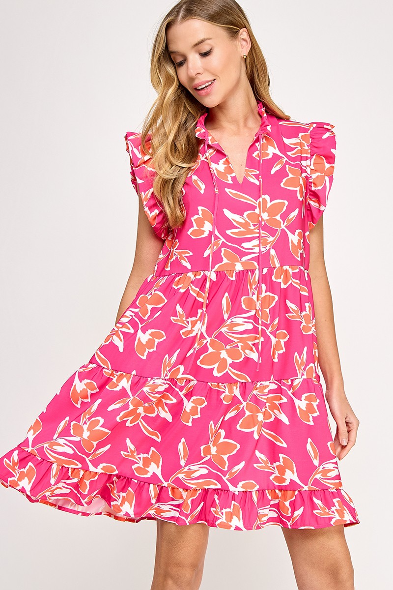 Floral Print Tiered Ruffle Dress-Fuchsia