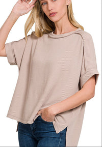 Raised Rib Cuff Sleeve Raw Edge Top