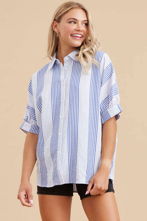 Striped Collared 1/2 Dolman Sleeves Top