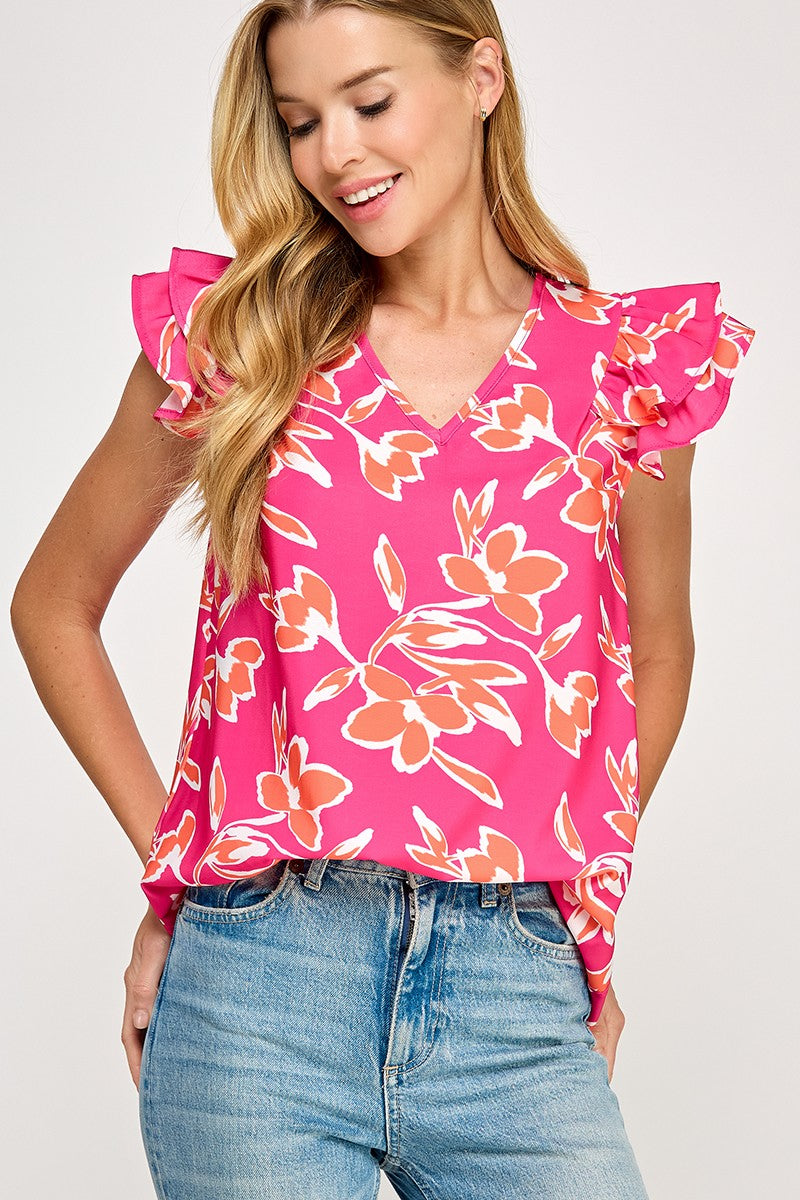 Floral Printed V Neck Ruffled Sleeve Top-Fuchsia