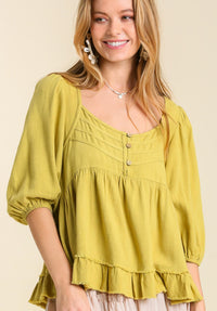 Linen Blend 3/4 Cuffed Sleeve W/ Ruffle Frayed Top