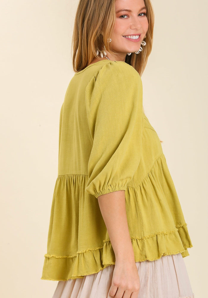 Linen Blend 3/4 Cuffed Sleeve W/ Ruffle Frayed Top