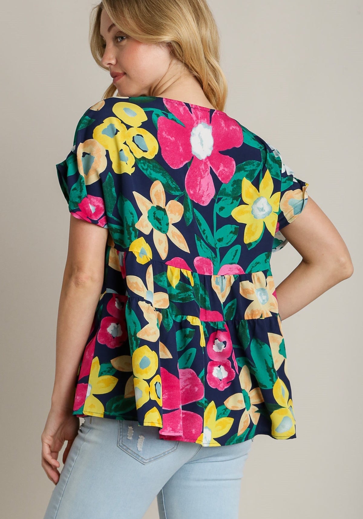 Navy Floral Print Tiered Top
