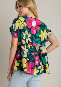 Navy Floral Print Tiered Top