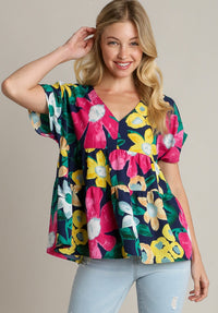 Navy Floral Print Tiered Top