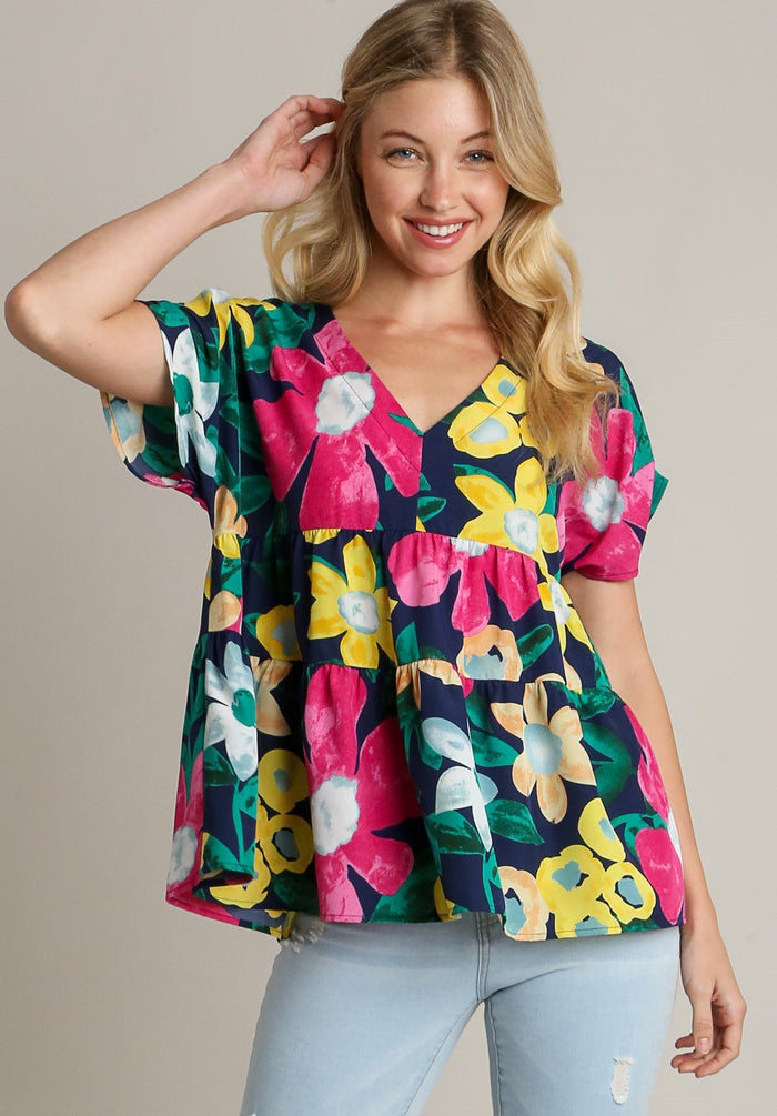Navy Floral Print Tiered Top