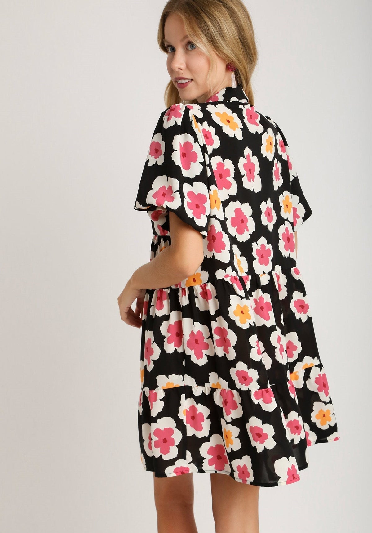 Floral Print A-Line Tiered Dress With Bubble Short Sleeve