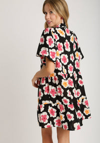 Floral Print A-Line Tiered Dress With Bubble Short Sleeve