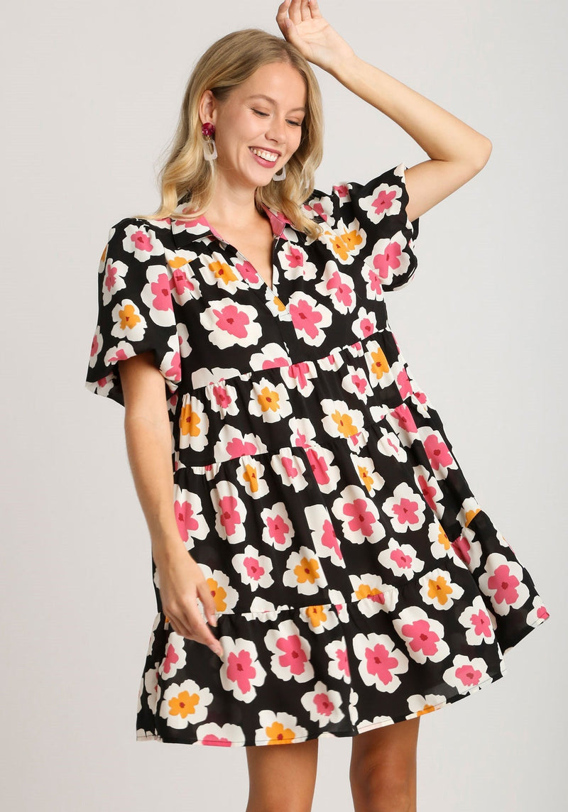 Floral Print A-Line Tiered Dress With Bubble Short Sleeve