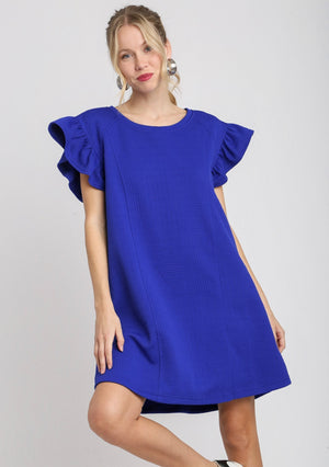 Criss Cross Jacquard Ruffle Sleeve Dress-Sapphire