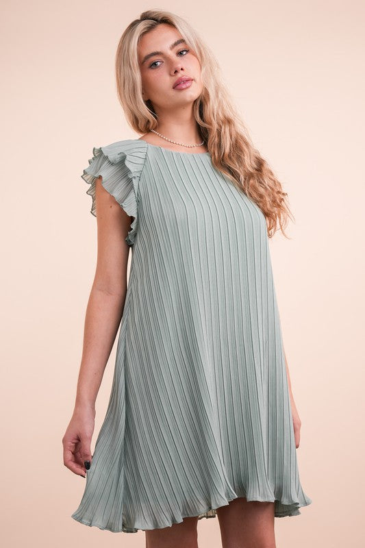 Ruffle Sleeve Pleated Woven Mini Dress