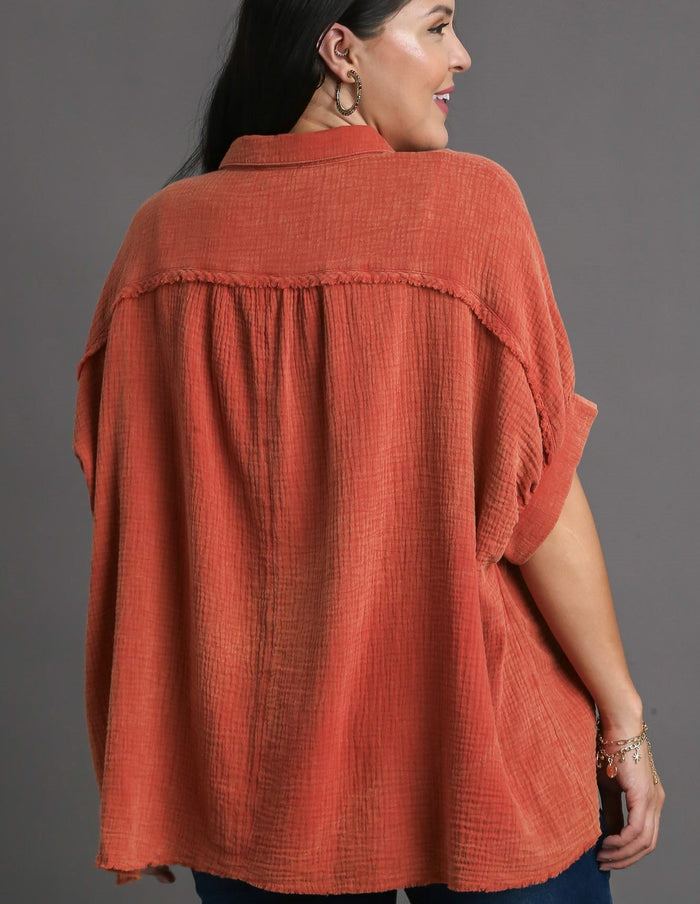 Cotton Gauze Mineral Wash Button Down Top