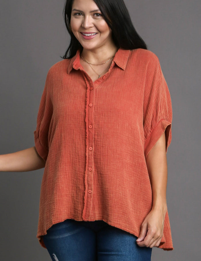 Cotton Gauze Mineral Wash Button Down Top