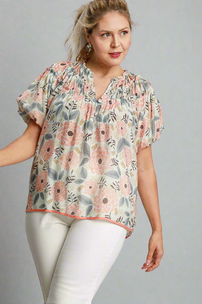 Puffed Sleeve Floral Top-Peach/Grey