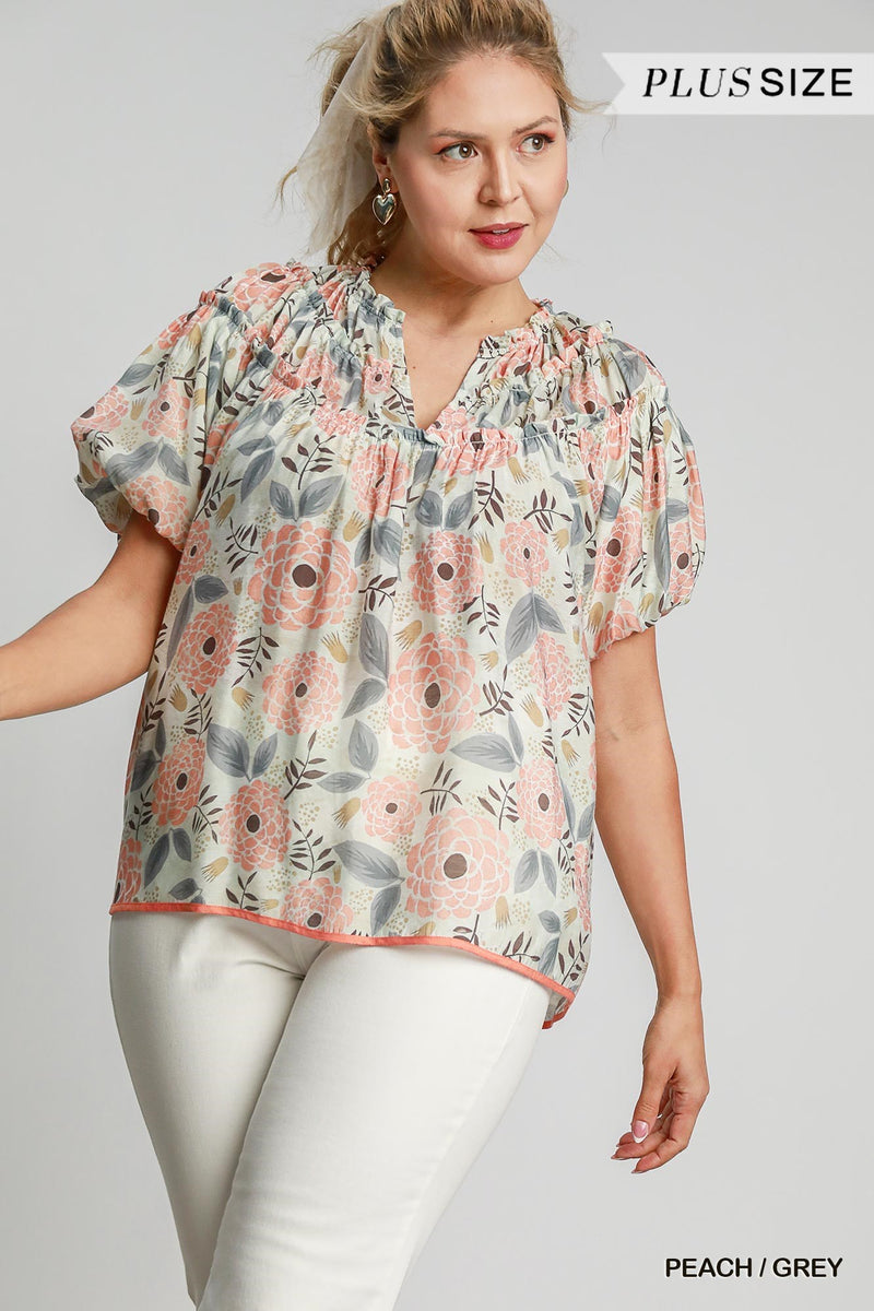 Puffed Sleeve Floral Top-Peach/Grey