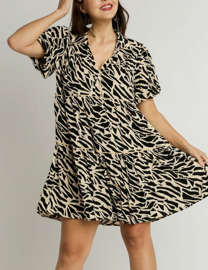 Black Solid Wave Trim Detail Tiered Two Tone Dress
