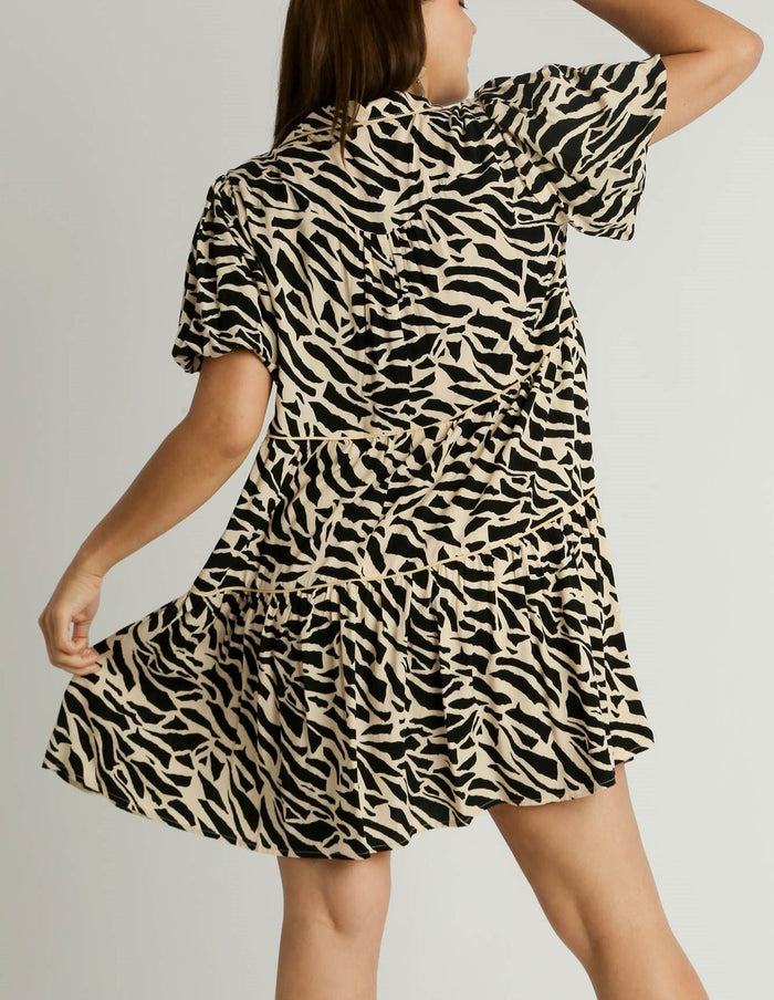Black Solid Wave Trim Detail Tiered Two Tone Dress