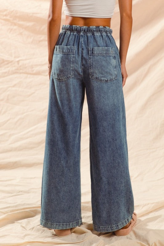 Wide Leg Denim Pants W/ Drawstring