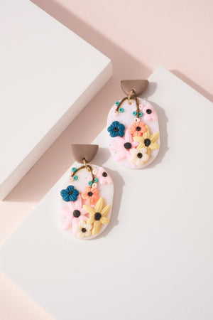Oval Floral Clay Dangling Earrings