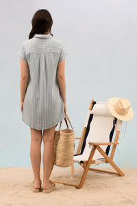 Stripe Chambray Collared Cuff Sleeve Mini Dress