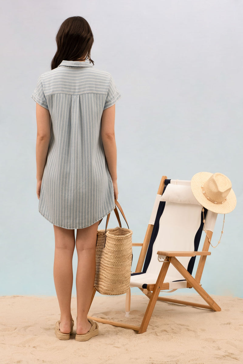Stripe Chambray Collared Cuff Sleeve Mini Dress