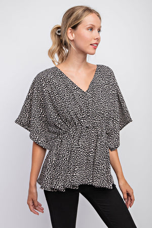 Animal Print Drop Shoulder V-Neck Top-Black