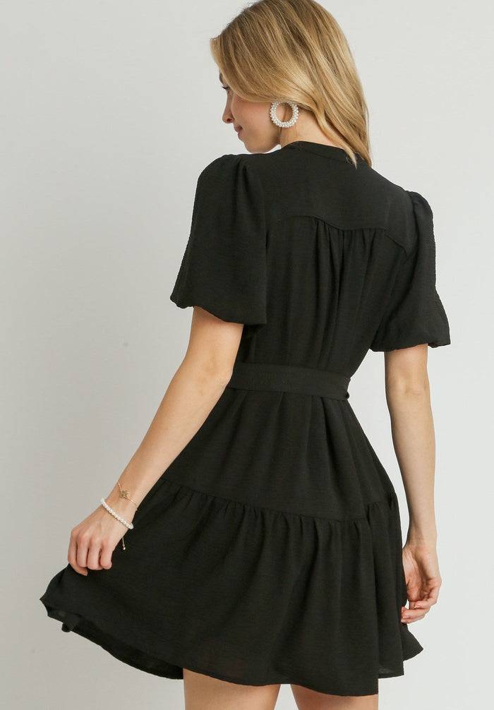 Black Gather Button Detailed Neck Dress