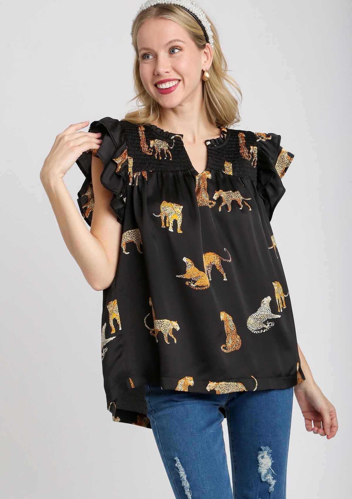 Safari Animal Print Ruffle Sleeve Top