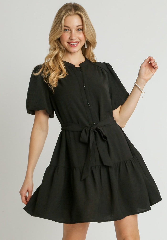 Black Gather Button Detailed Neck Dress