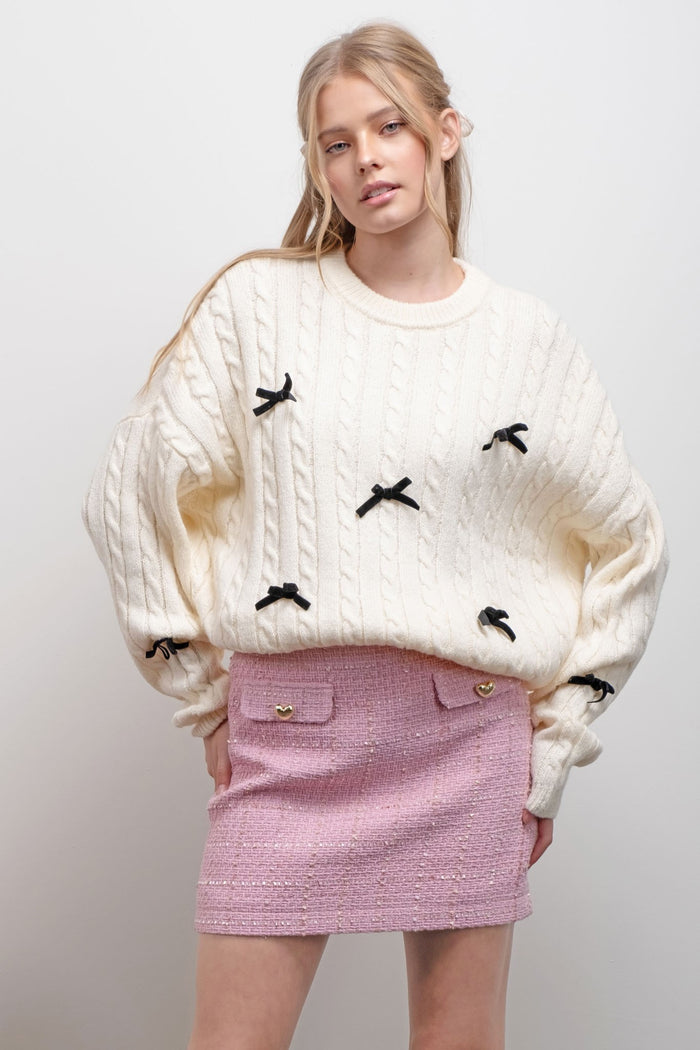 Bow Detail Cable Knit Pullover Sweater