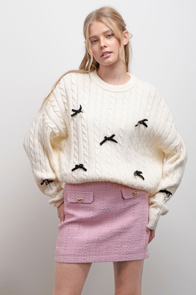 Bow Detail Cable Knit Pullover Sweater