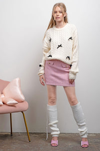 Bow Detail Cable Knit Pullover Sweater