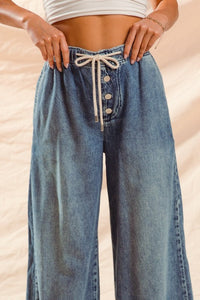 Wide Leg Denim Pants W/ Drawstring