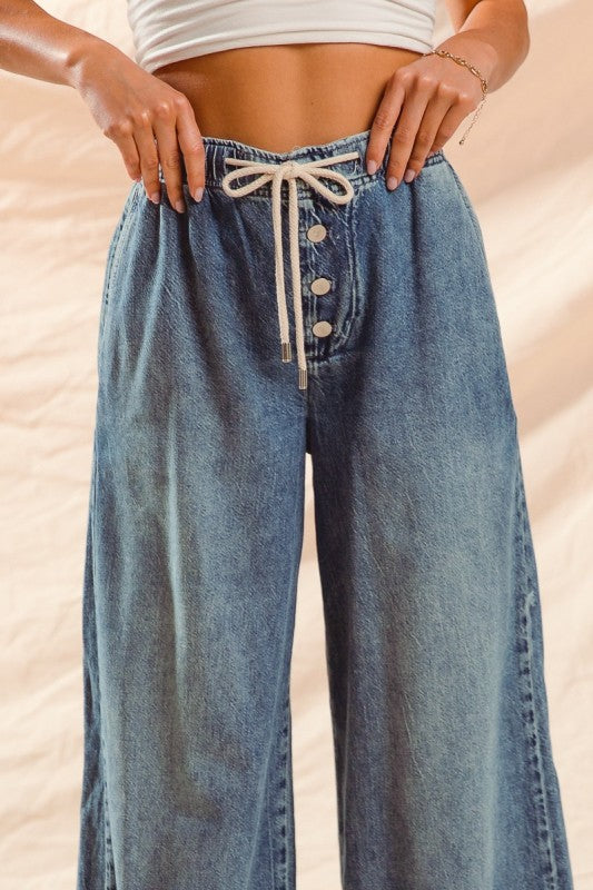 Wide Leg Denim Pants W/ Drawstring