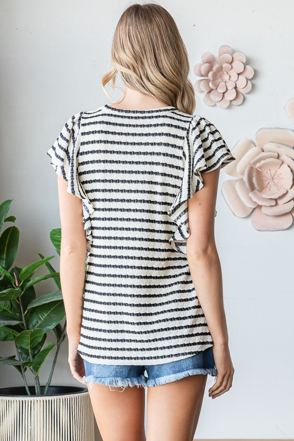 Ruffled Sleeve Stripe Top-Cream/Black
