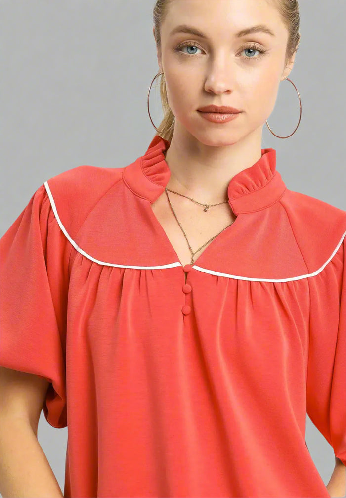 Coral Piped Yoke Puff Sleeve Top