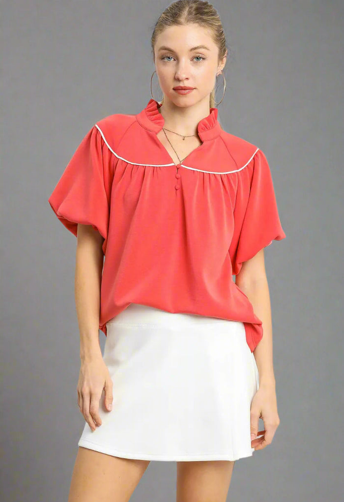 Coral Piped Yoke Puff Sleeve Top