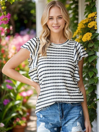 Ruffled Sleeve Stripe Top-Cream/Black