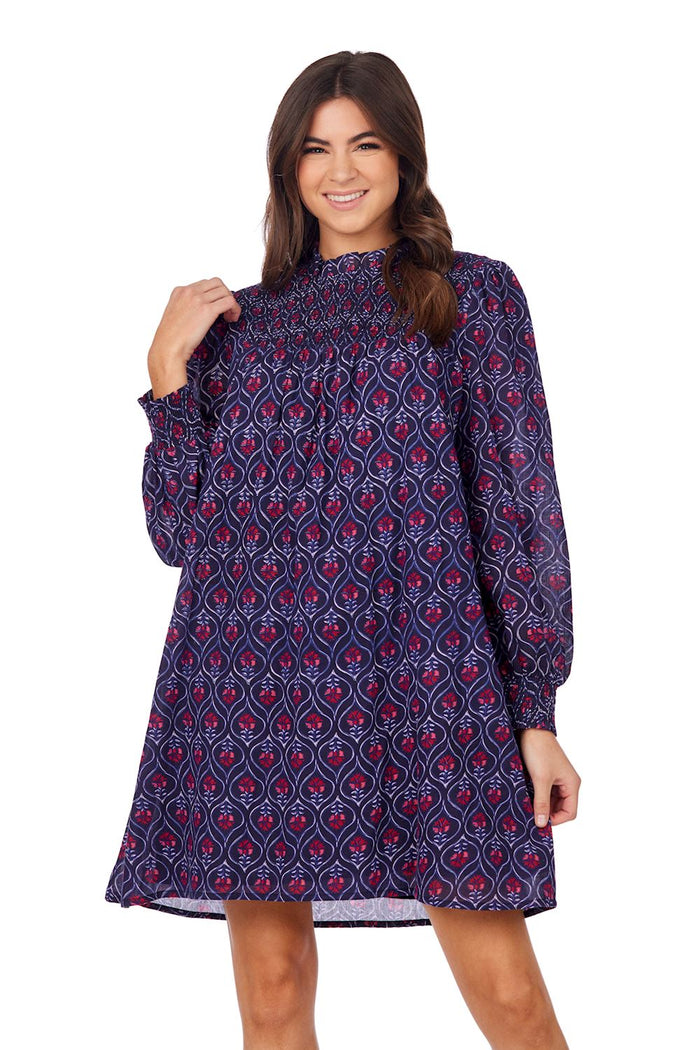Navy Block Print Smocked Dress