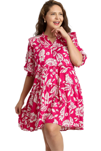 Hot Pink Two Tone Split Neck Dress