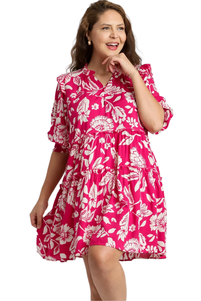 Hot Pink Two Tone Split Neck Dress