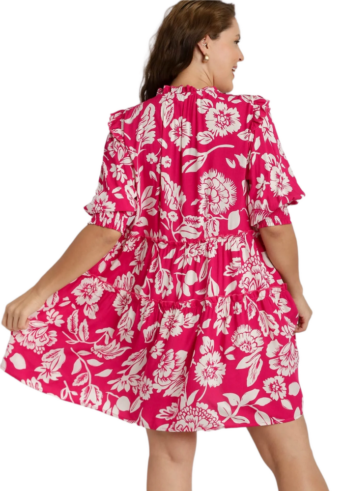 Hot Pink Two Tone Split Neck Dress