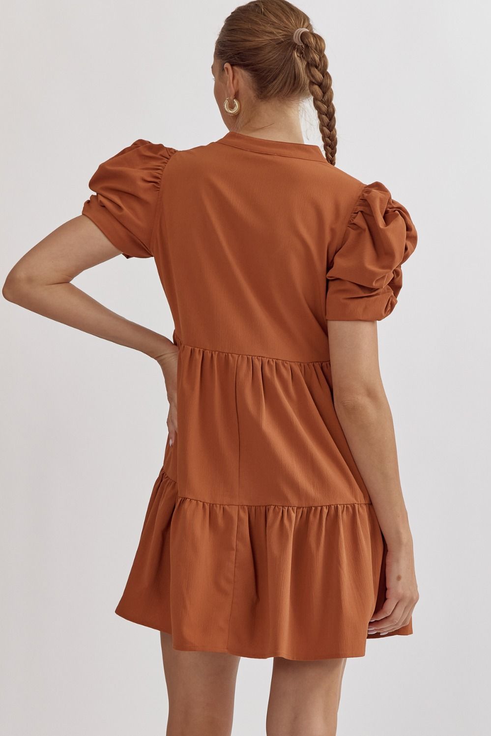 Woven Ruched Puff Sleeve V-Neck Dress-Cognac