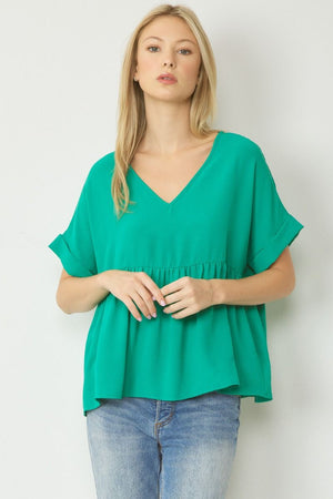 Solid V-Neck Rolled Sleeve Babydoll Top-Kelly Green