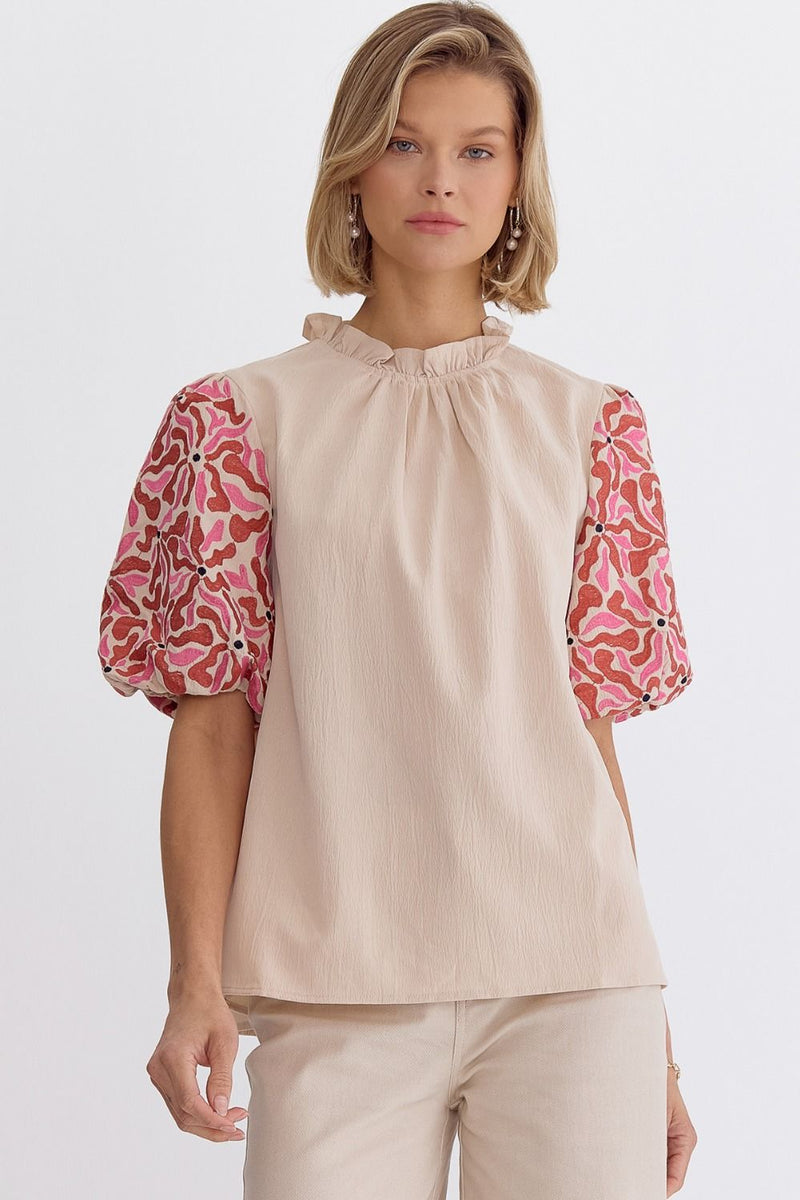 Mock Neck Contrasting Puff Sleeve Top