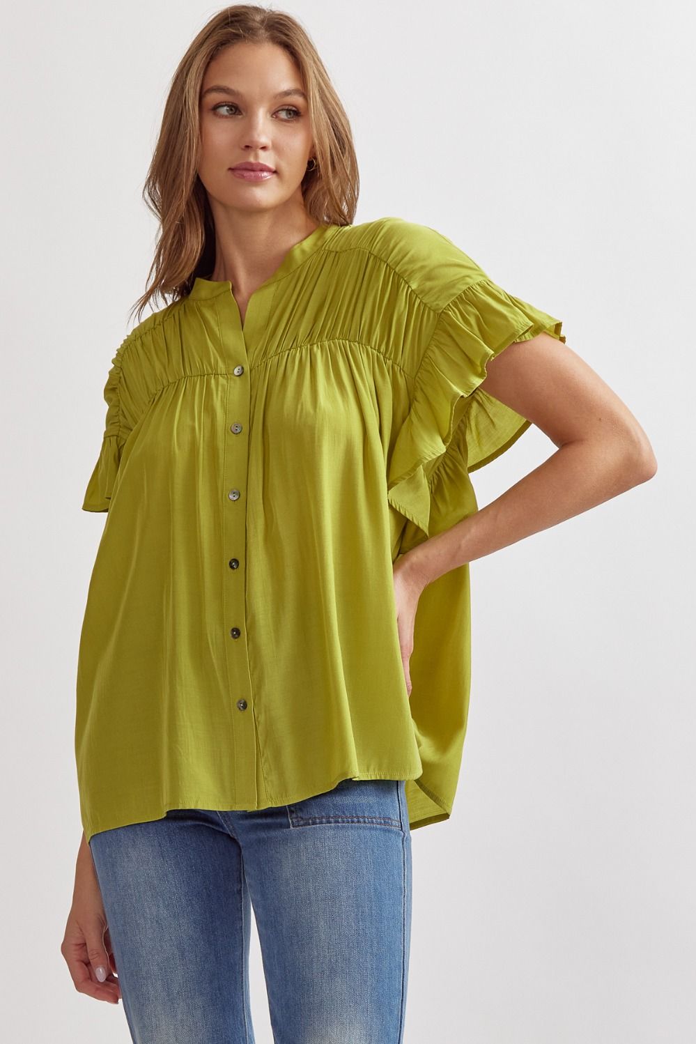 Button Up Short Ruffled Sleeves Top-Chartreuse