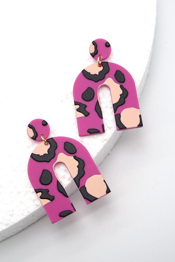 Fuschia U-Shape Animal Print Acrylic Earring