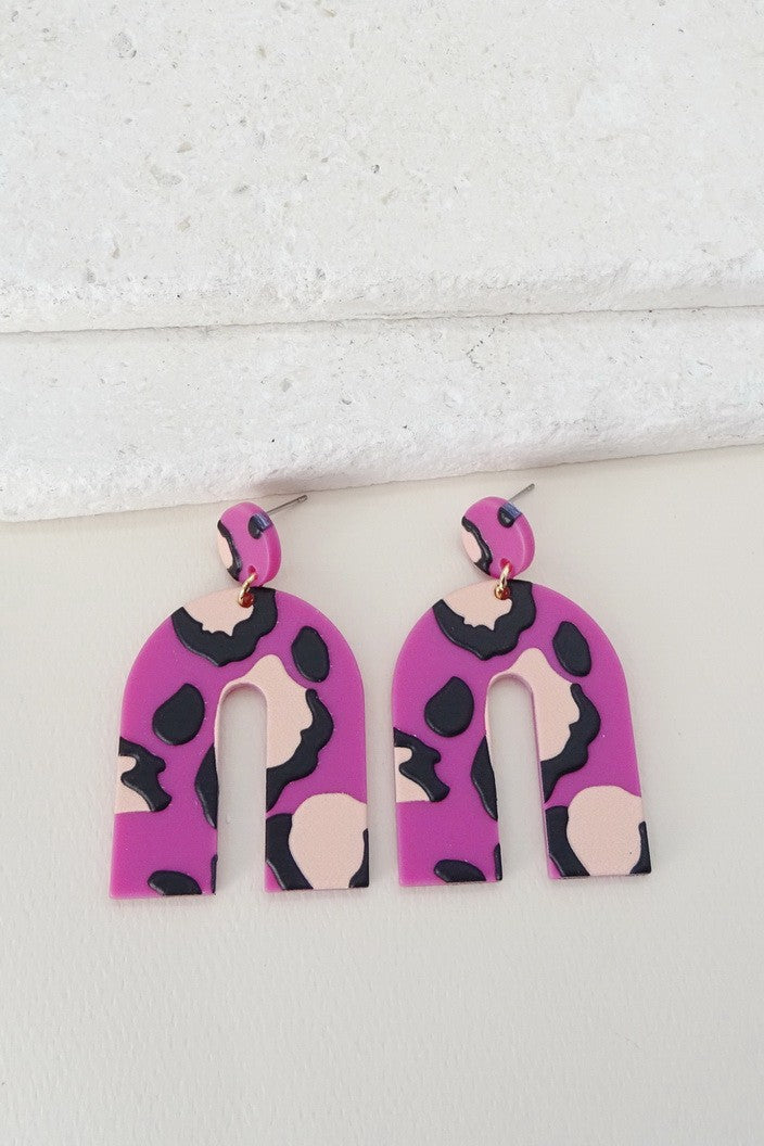 Fuschia U-Shape Animal Print Acrylic Earring