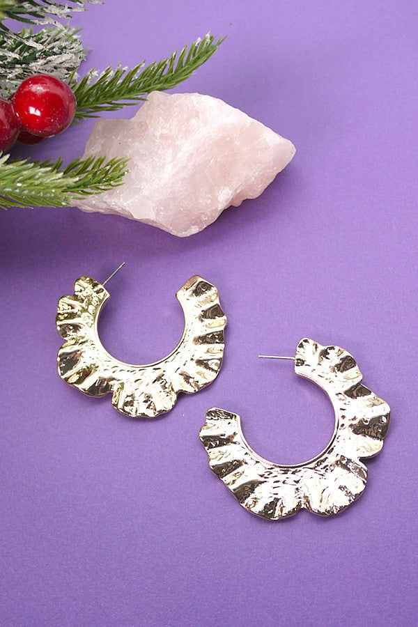 Gold Hammered Flower Hoop Earring